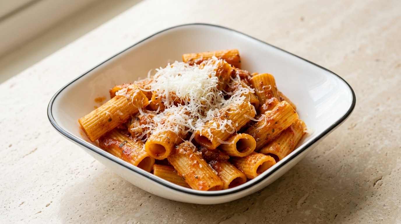 Rigatoni classiques à la tomate et au fromage fraîchement râpé
