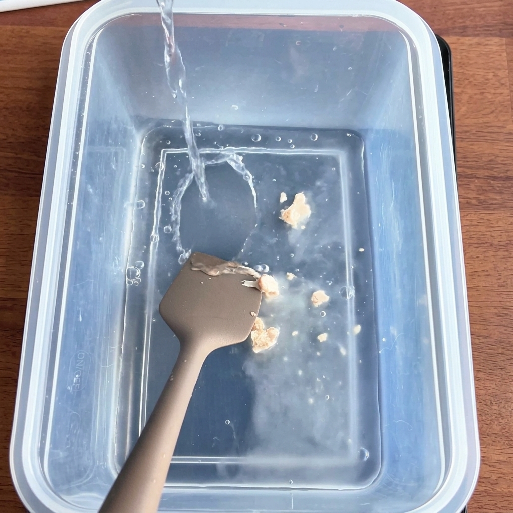 De leau est versée sur de la farine et de la levure dans un récipient en plastique, mélangée avec une spatule marron pour former une pâte grumeleuse.