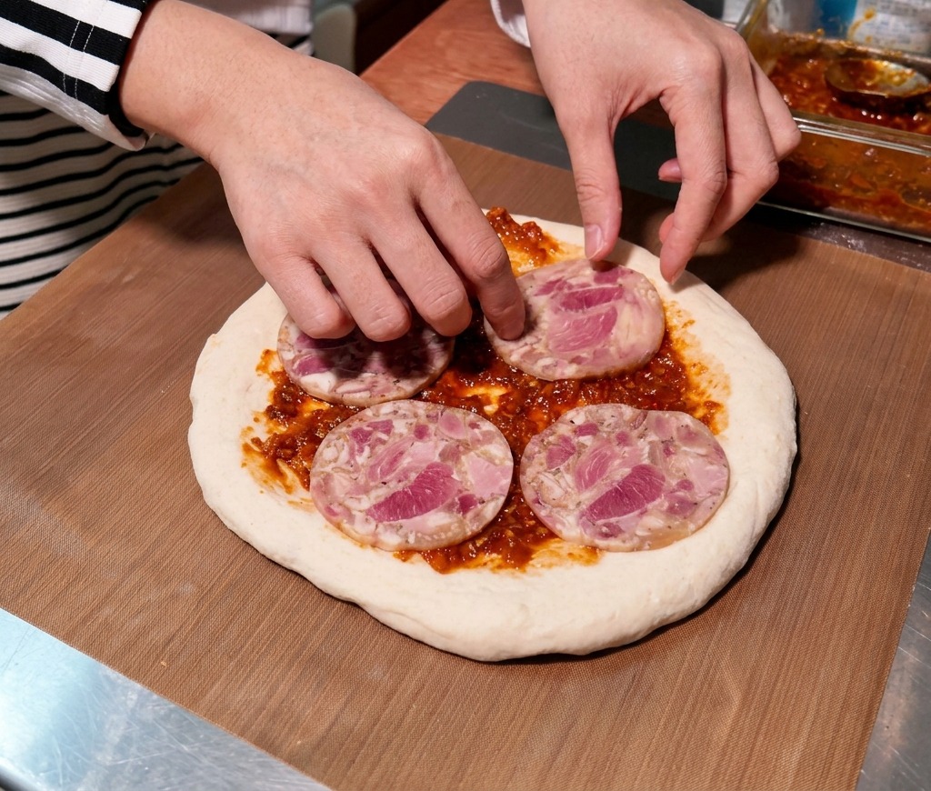 Des mains déposent des tranches rondes de jambon fumé sur une base de pizza recouverte de sauce à la viande.