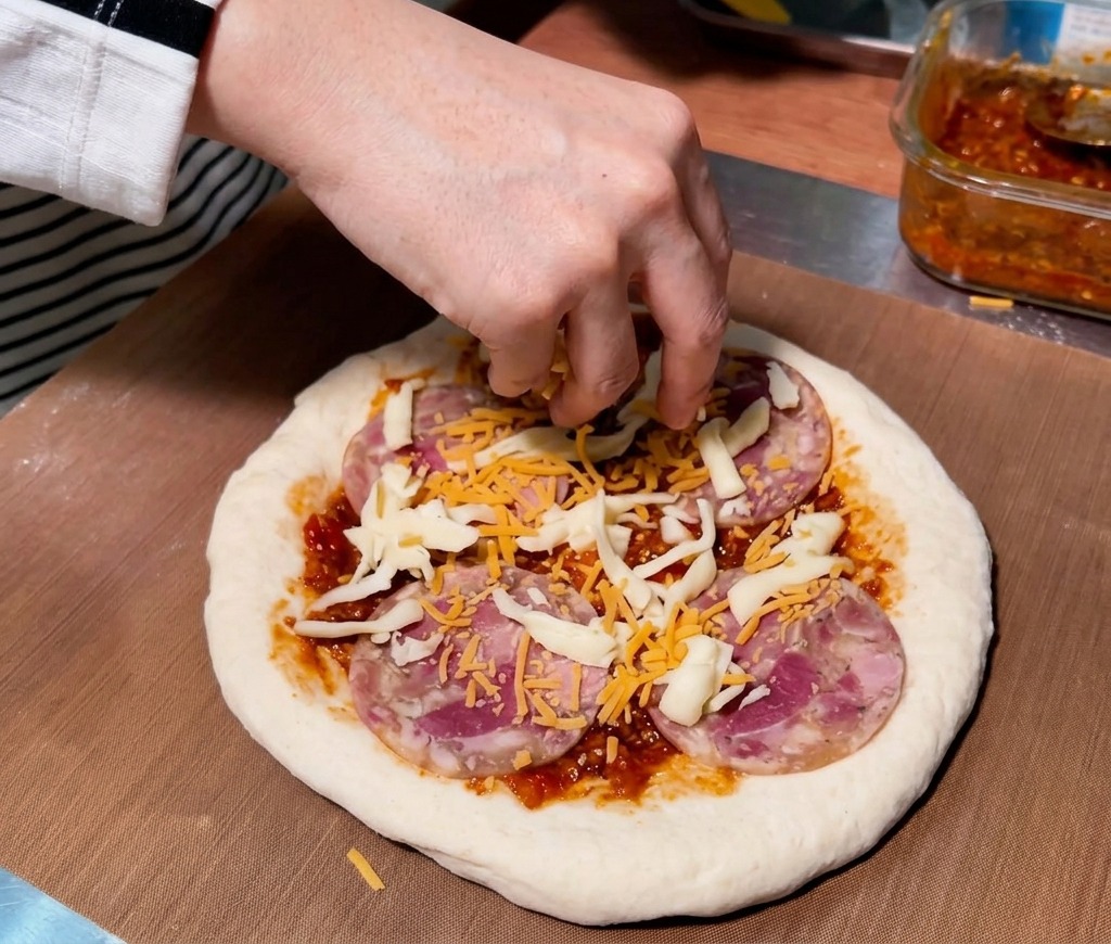 Un mélange de fromage râpé orange et blanc est parsemé sur des tranches de jambon sur une pizza crue.