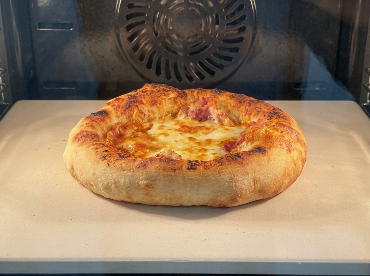 Vue rapprochée dune pizza en train de cuire dans un four sur une pierre à pizza, montrant un trottoir épais et alvéolé avec des taches brun doré et du fromage fondu qui bulle.
