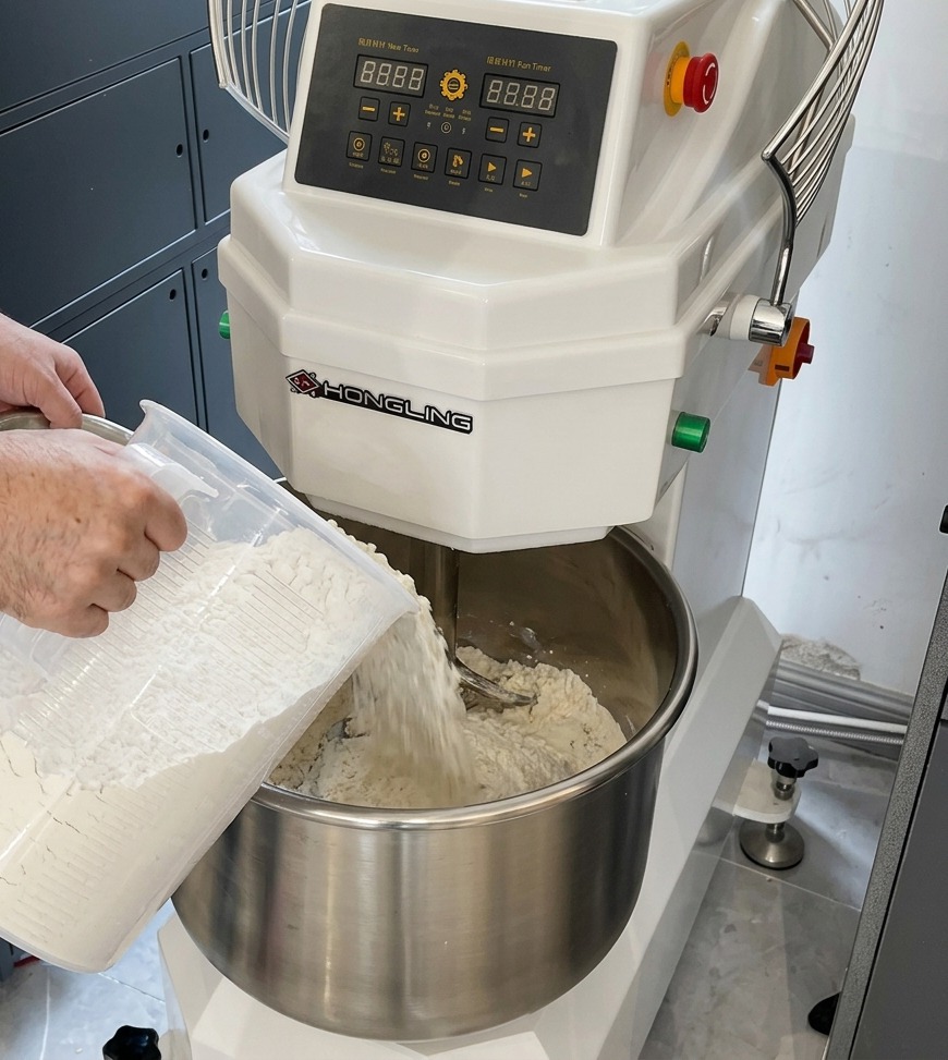 Un boulanger versant de la farine blanche et de la levure fraîche émiettée dans la cuve dun pétrin à spirale professionnel.