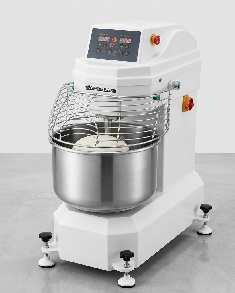 Un pétrin à spirale blanc professionnel avec une cuve en inox alors que de leau est versée sur la farine et la levure.