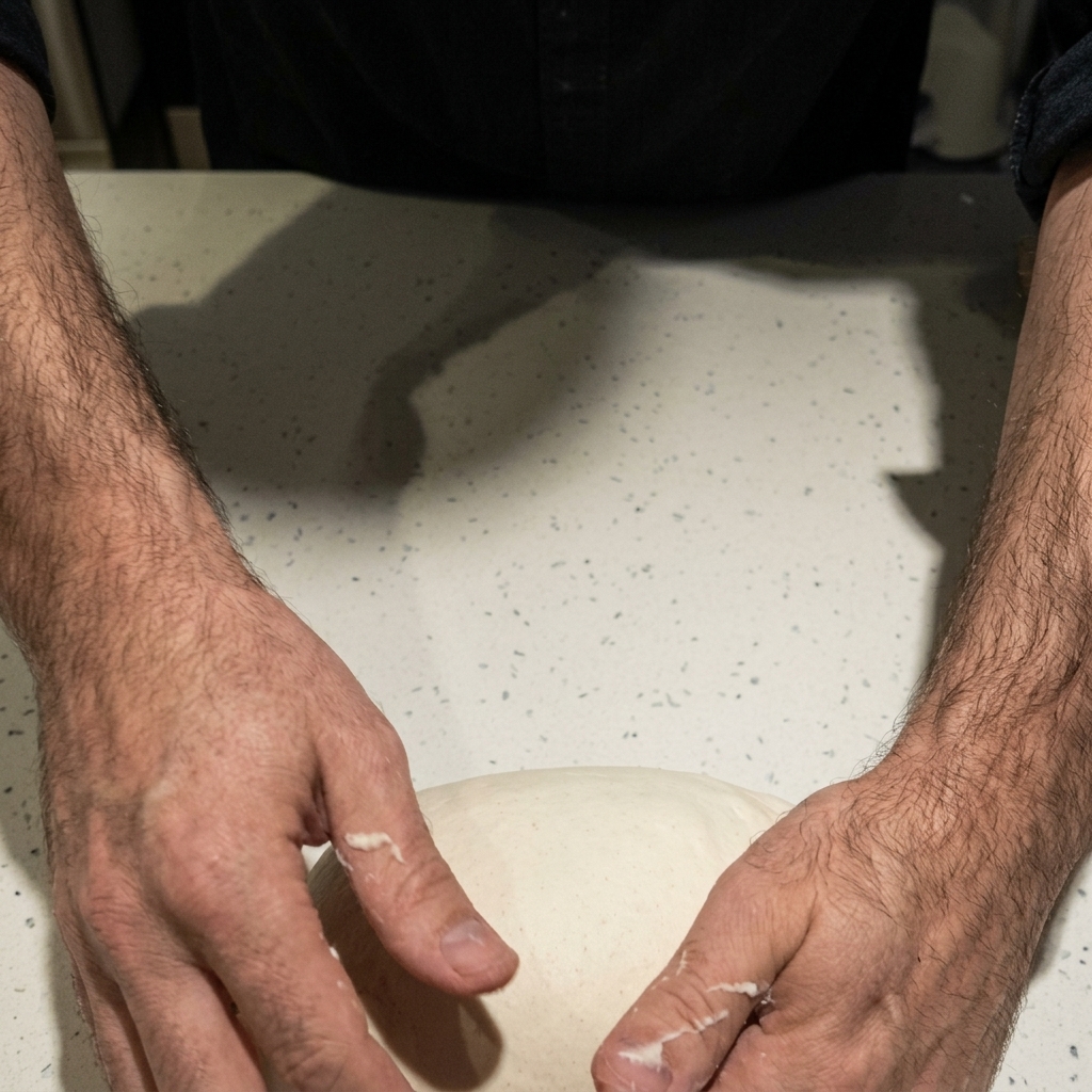 Les mains dune personne lissant une fine couche dhuile sur un grand pâton de pizza blanc disposé sur un plan de travail moucheté.