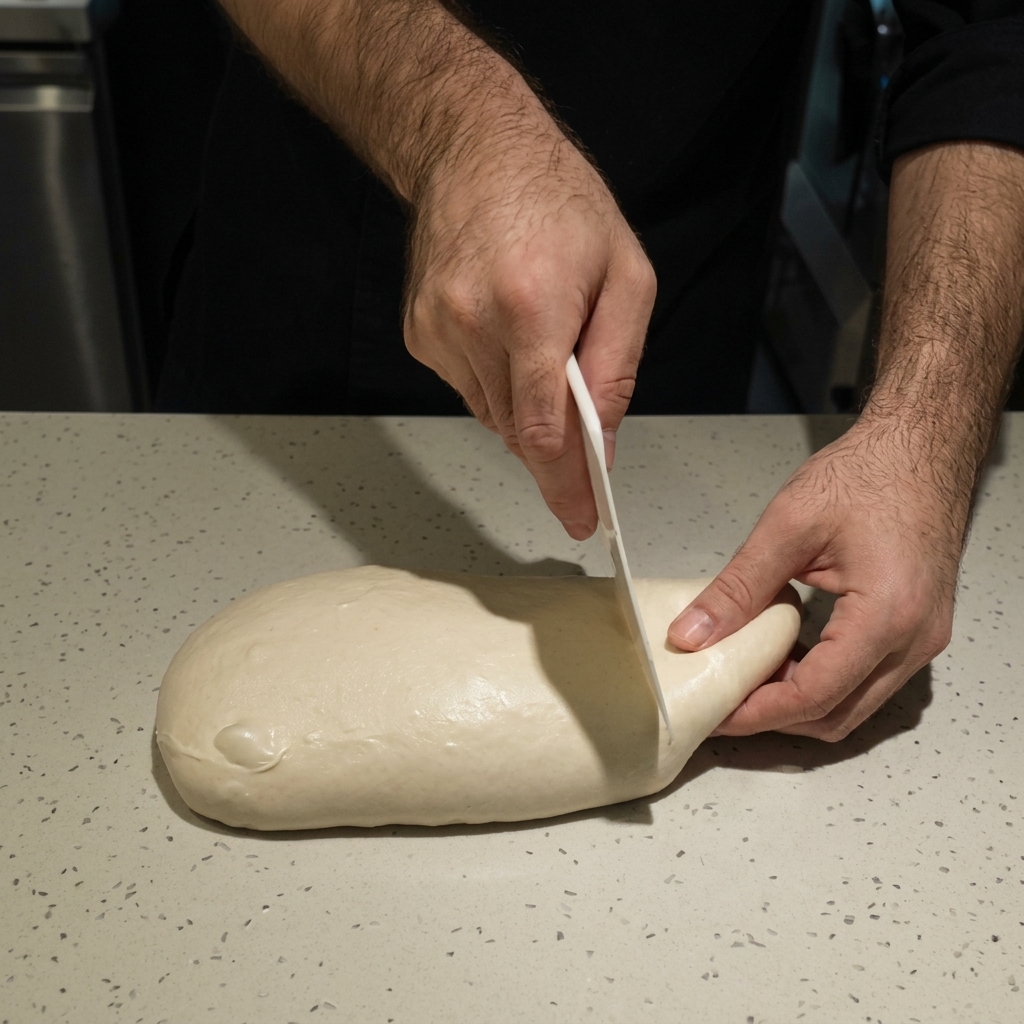 Un chef utilisant un coupe-pâte blanc pour couper un long boudin de pâte à pizza hydratée sur un plan de travail.