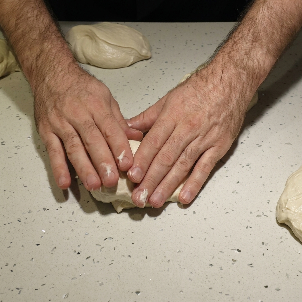 Deux mains travaillant sur un comptoir moucheté pour façonner de petits morceaux de pâte à pizza en sphères parfaitement lisses.