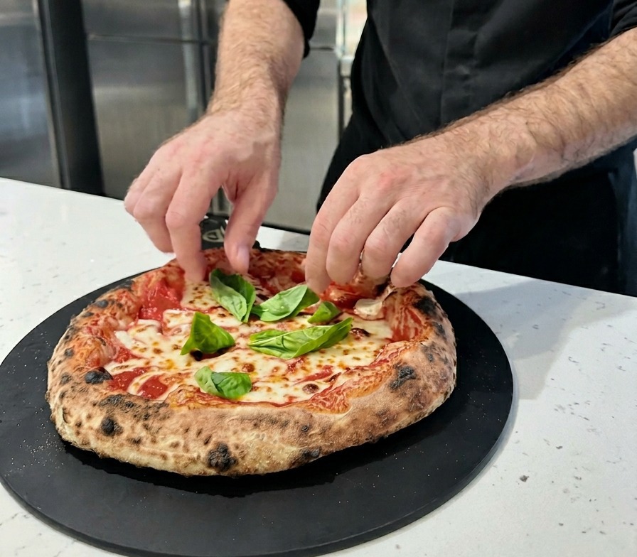 Une pizza napolitaine fraîchement cuite à la croûte dorée, garnie de feuilles de basilic frais sur une planche de service noire.