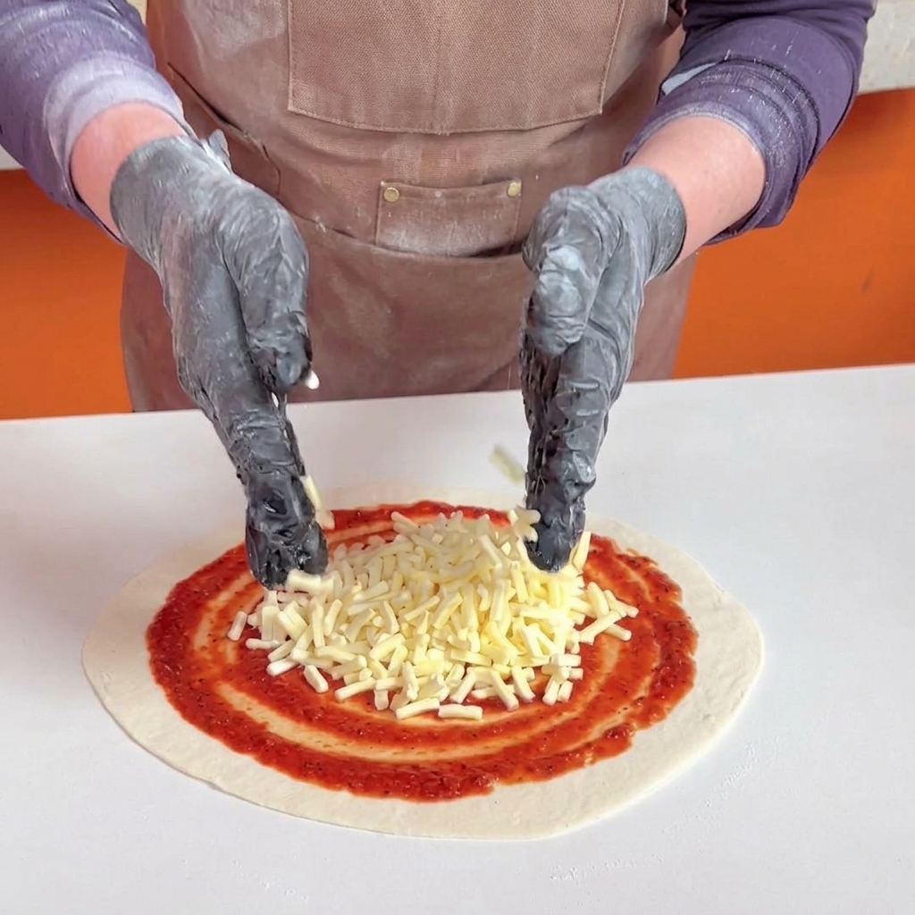 Mains gantées de noir parsemant du fromage blanc râpé sur une base de pizza nappée de sauce rouge.