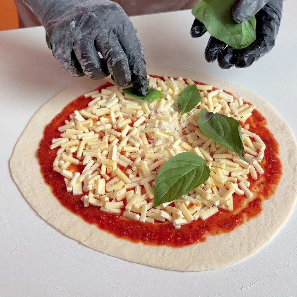 Une personne déposant délicatement plusieurs grandes feuilles de basilic vert frais sur une pizza crue recouverte de fromage et de sauce tomate.