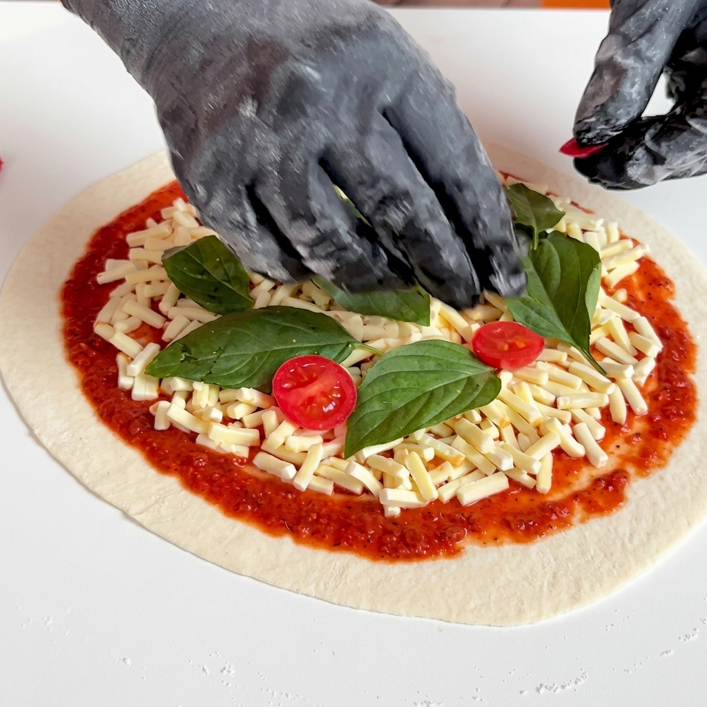 Gros plan sur des mains gantées de noir plaçant des moitiés de tomates cerises rouges sur une pâte à pizza crue garnie de fromage râpé et de basilic frais.
