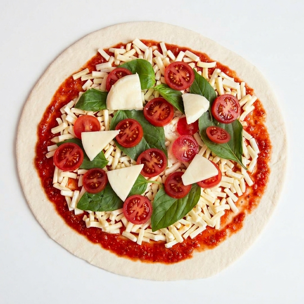 Vue一大é de dessus dune pizza crue prête à cuire avec de la sauce tomate, des feuilles de basilic, des tomates cerises et des morceaux de mozzarella fraîche dispersés.
