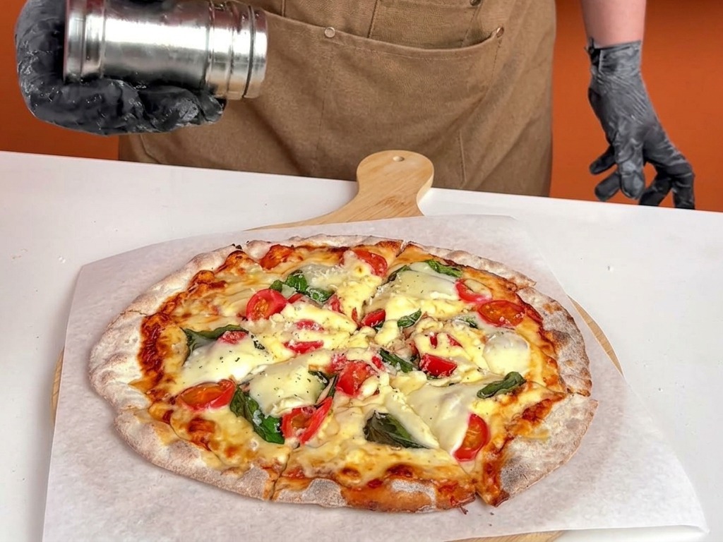 Une main gantée de noir utilise un saupoudreur en métal pour parsemer des herbes séchées sur la croûte dune pizza Margherita fraîchement cuite et fumante.