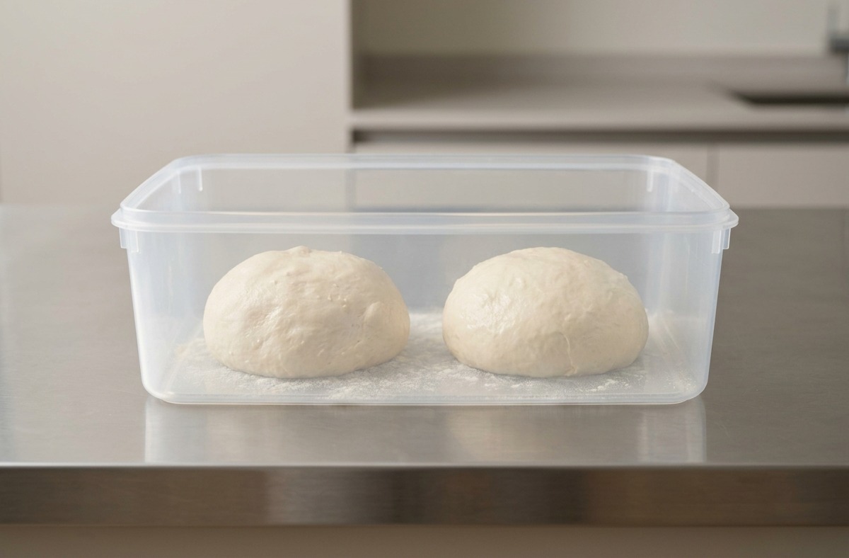 Deux pâtons de pizza ronds et lisses reposant espacés dans un grand bac de fermentation en plastique transparent.