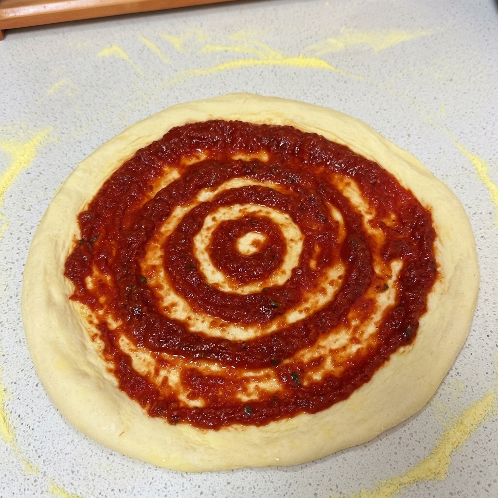 Un disque de pâte à pizza recouvert dune couche régulière de sauce tomate rouge étalée en cercles concentriques.
