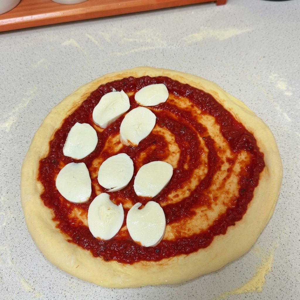 Des tranches de mozzarella fraîche blanche disposées en cercle sur la sauce tomate dune pizza crue.