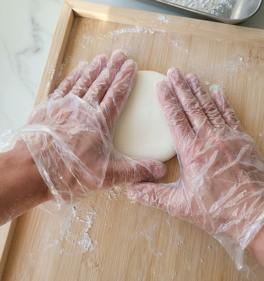 Deux mains gantées appuyant fermement au centre dun pâton blanc sur une planche de bois.