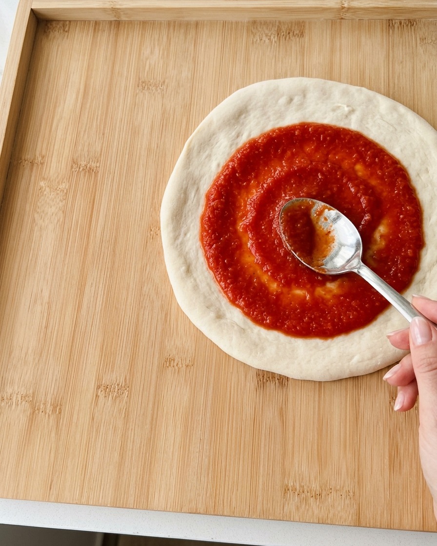 Une cuillère en métal étalant une sauce tomate rouge vif en spirale sur un fond de pâte à pizza.
