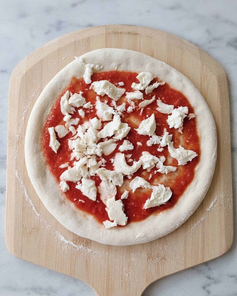 Des morceaux de mozzarella blanche parsemés sur une base de sauce tomate rouge, le tout posé sur une pelle à pizza en bois.