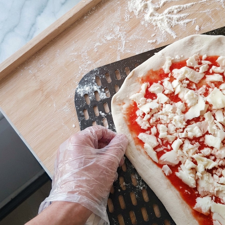 Une main gantée ajustant le bord dune pizza crue au moment de la faire glisser sur une pelle métallique perforée noire.