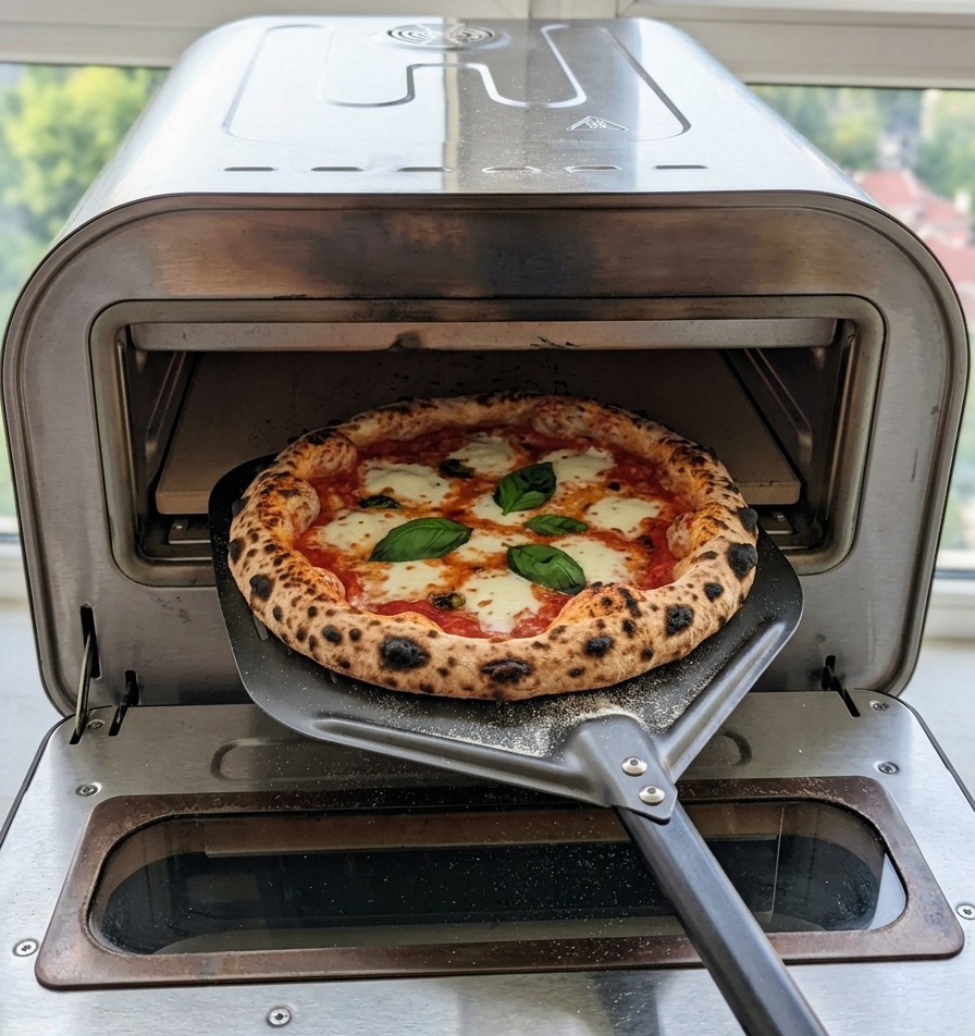 Une pizza fraîchement cuite avec des bords bien gonflés et de la mozzarella fondante, retirée dun four à pizza portable en inox à laide dune pelle en métal.