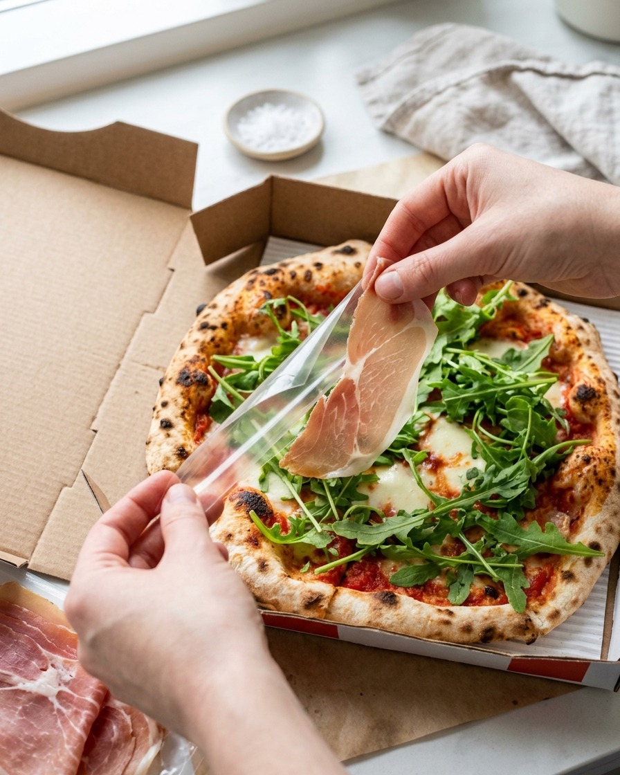 Gros plan sur une main drapant soigneusement une fine tranche de jambon de Parme sur de la roquette fraîche au-dessus dune pizza.