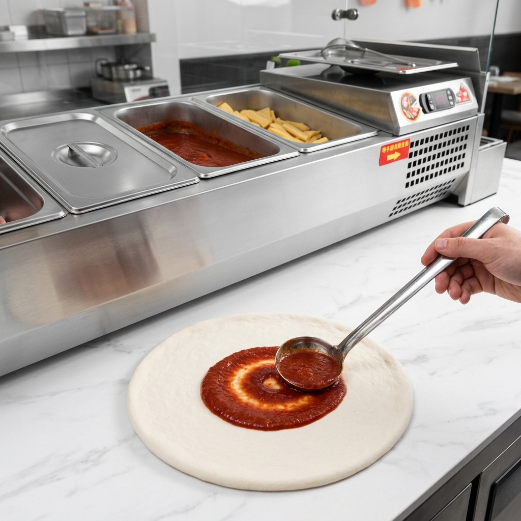 Une main étalant de la sauce tomate rouge avec une louche en inox en effectuant un mouvement circulaire sur une pâte à pizza ronde.