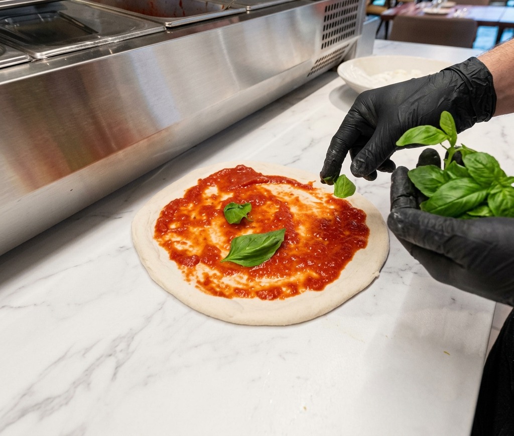 Une personne portant des gants noirs disposant des feuilles de basilic vert frais sur une pâte à pizza nappée de sauce tomate rouge.