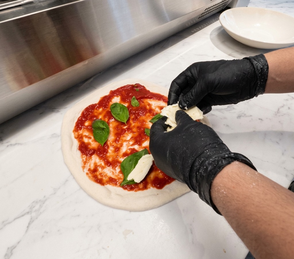 Des mains gantées déchirant et déposant des morceaux de mozzarella fraîche blanche sur une base de pizza recouverte de sauce tomate et de basilic.