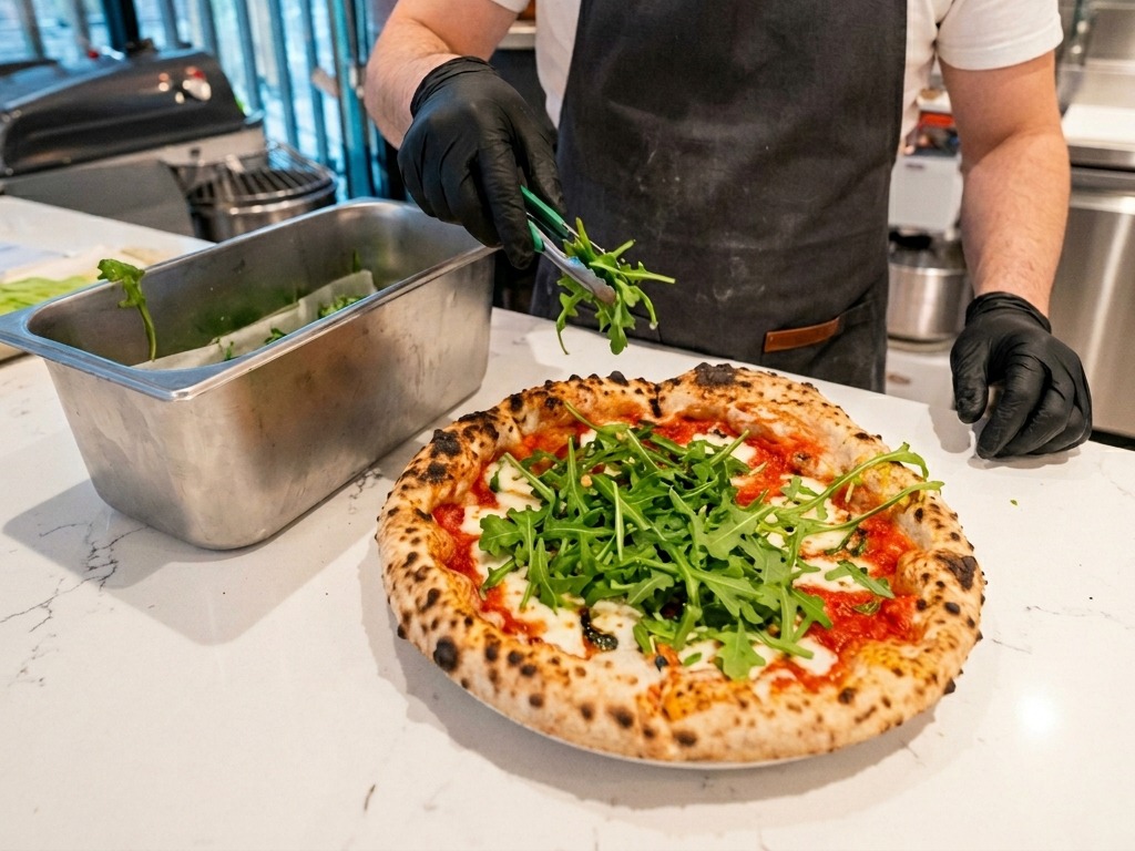 Un chef utilisant une pince de cuisine pour déposer une poignée de roquette fraîche au centre dune pizza sortant du four.