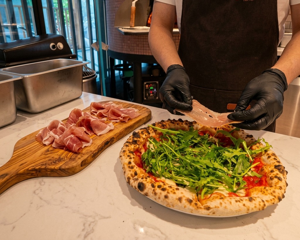 Un chef disposant de fines tranches de prosciutto rosé sur un lit de roquette verte fraîche, sur une pizza chaude cuite au feu de bois.