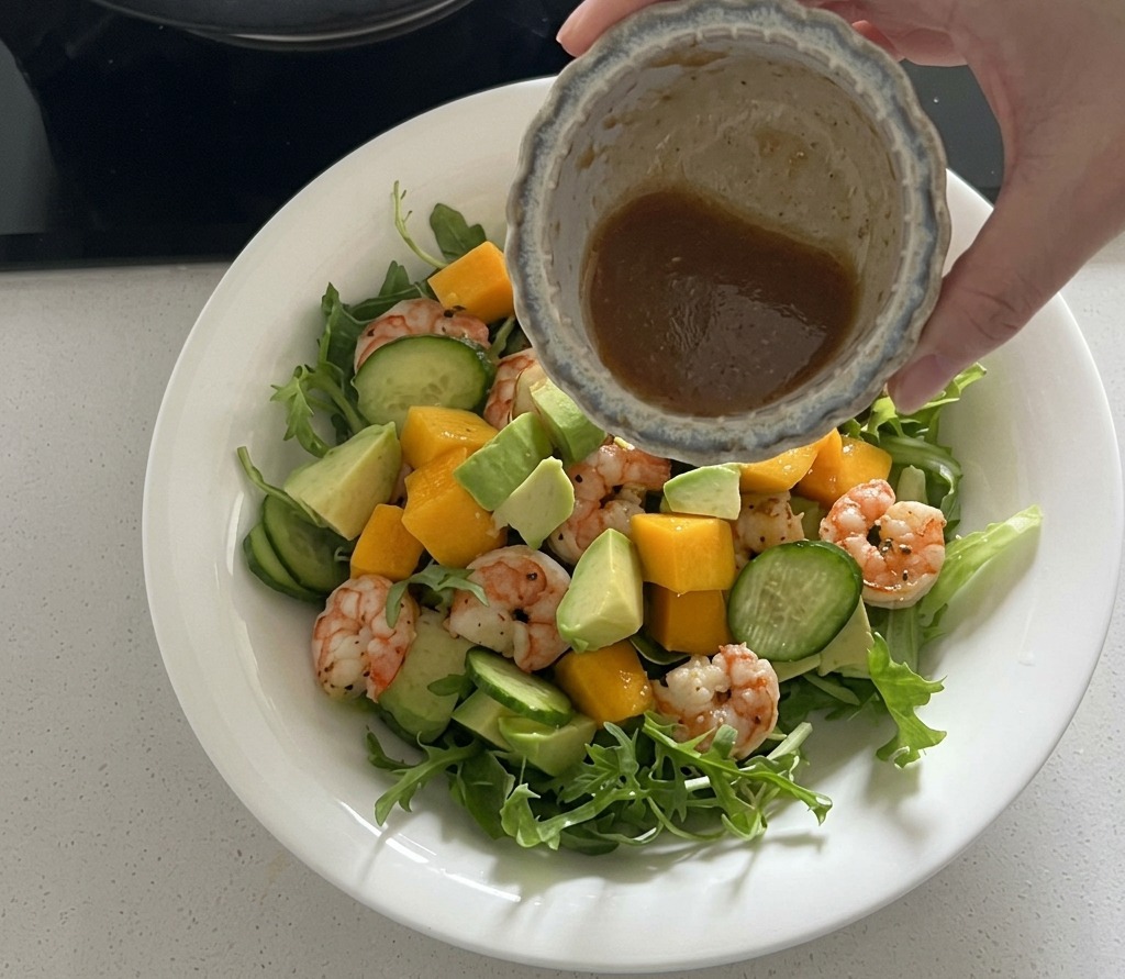 Vinaigrette versée depuis un petit bol sur une salade composée de crevettes, mangue, avocat et crudités.