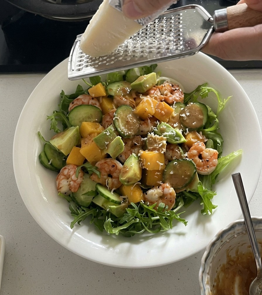 Utilisation dune râpe manuelle pour parsemer du parmesan frais sur une salade colorée de roquette, crevettes et fruits.