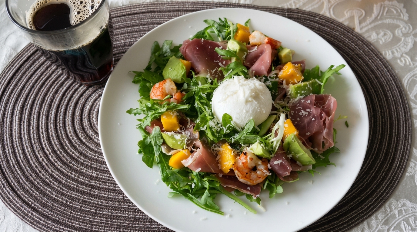 Salade de roquette au prosciutto, crevettes sautées et burrata