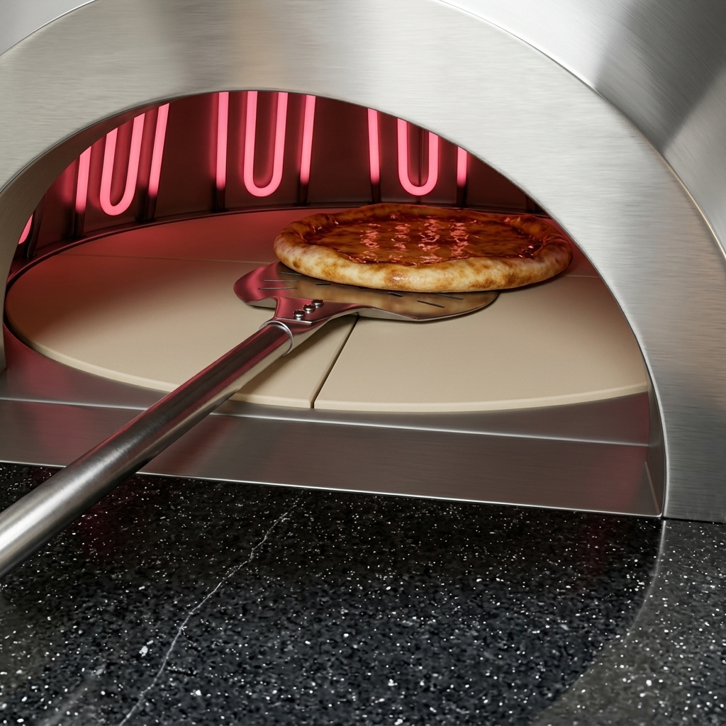 Une pizza garnie de sauce tomate et de fromage frais glissée dans un four à pizza brûlant à laide dune pelle en métal à long manche.