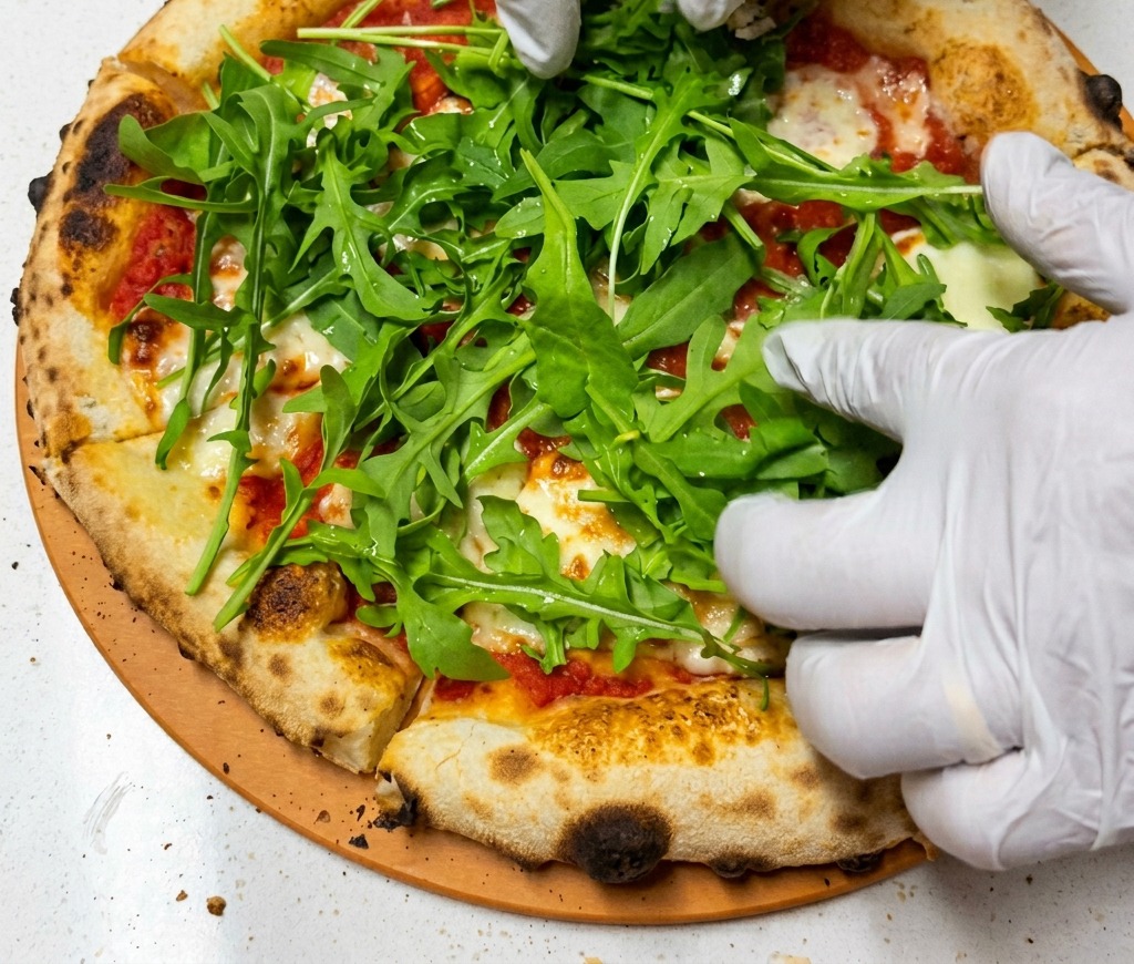 Des mains parsemant une généreuse poignée de feuilles de roquette bien vertes sur une pizza tout juste sortie du four.