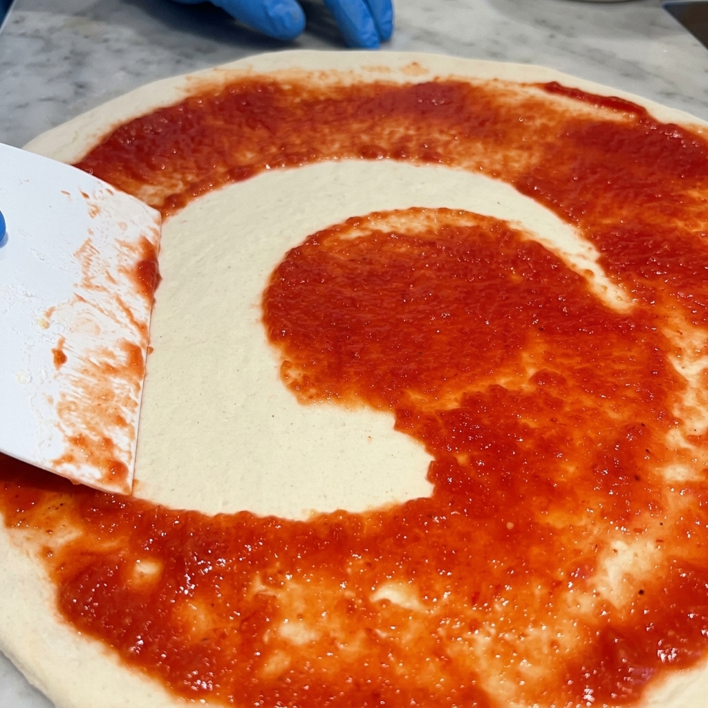 Sauce tomate rouge étalée en mouvements circulaires sur une pâte à pizza crue à laide dune spatule blanche.