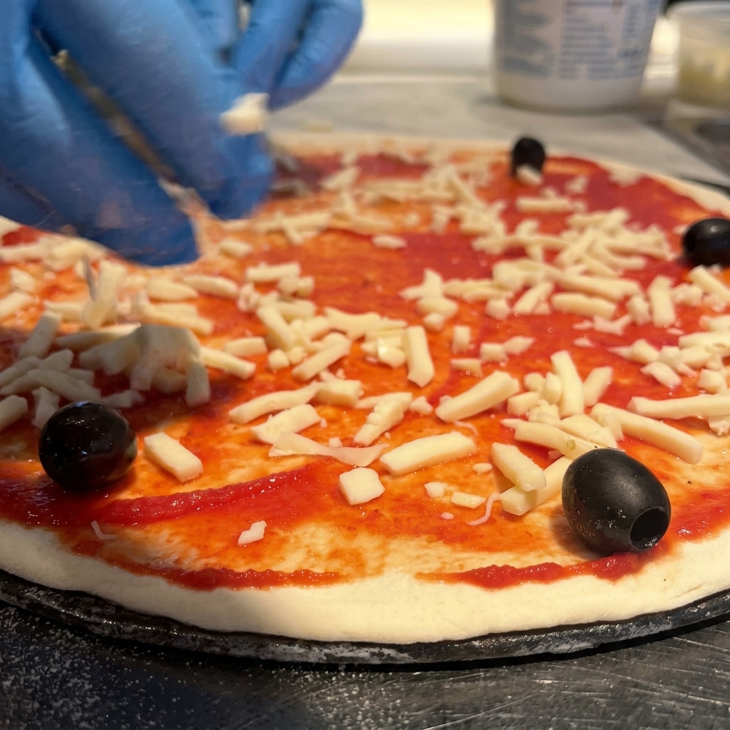 Mozzarella râpée et olives noires déposées sur une base de pizza à la sauce tomate.