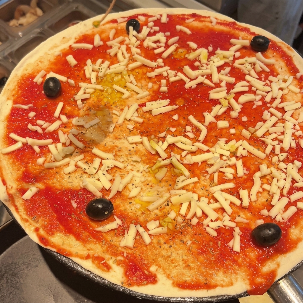 Gros plan dune pizza crue avec sauce tomate, fromage et olives, arrosée dun filet dhuile avant la cuisson.