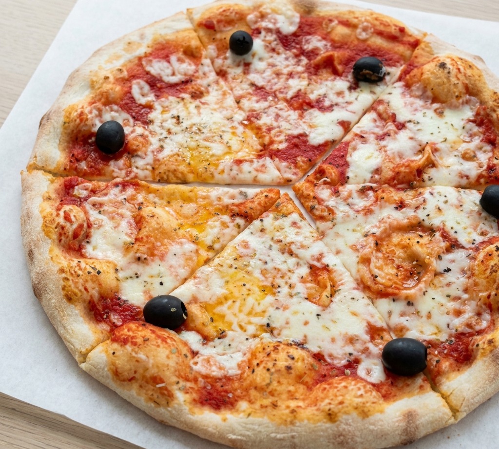 Une pizza fraîchement cuite garnie dolives et de fromage fondu, coupée en six parts sur du papier sulfurisé blanc.
