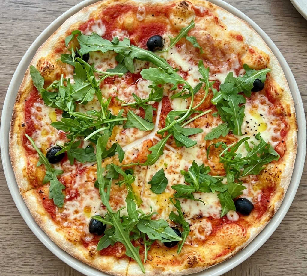 Vue de dessus dune pizza ronde garnie de feuilles de roquette fraîches dun vert éclatant et dolives noires.
