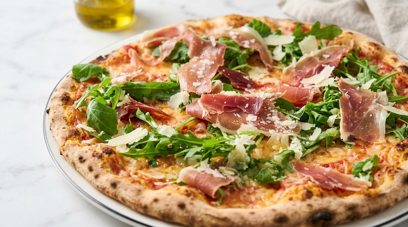 Pizza italienne authentique au jambon cru et à la roquette (Pizza Prosciutto e Rucola)