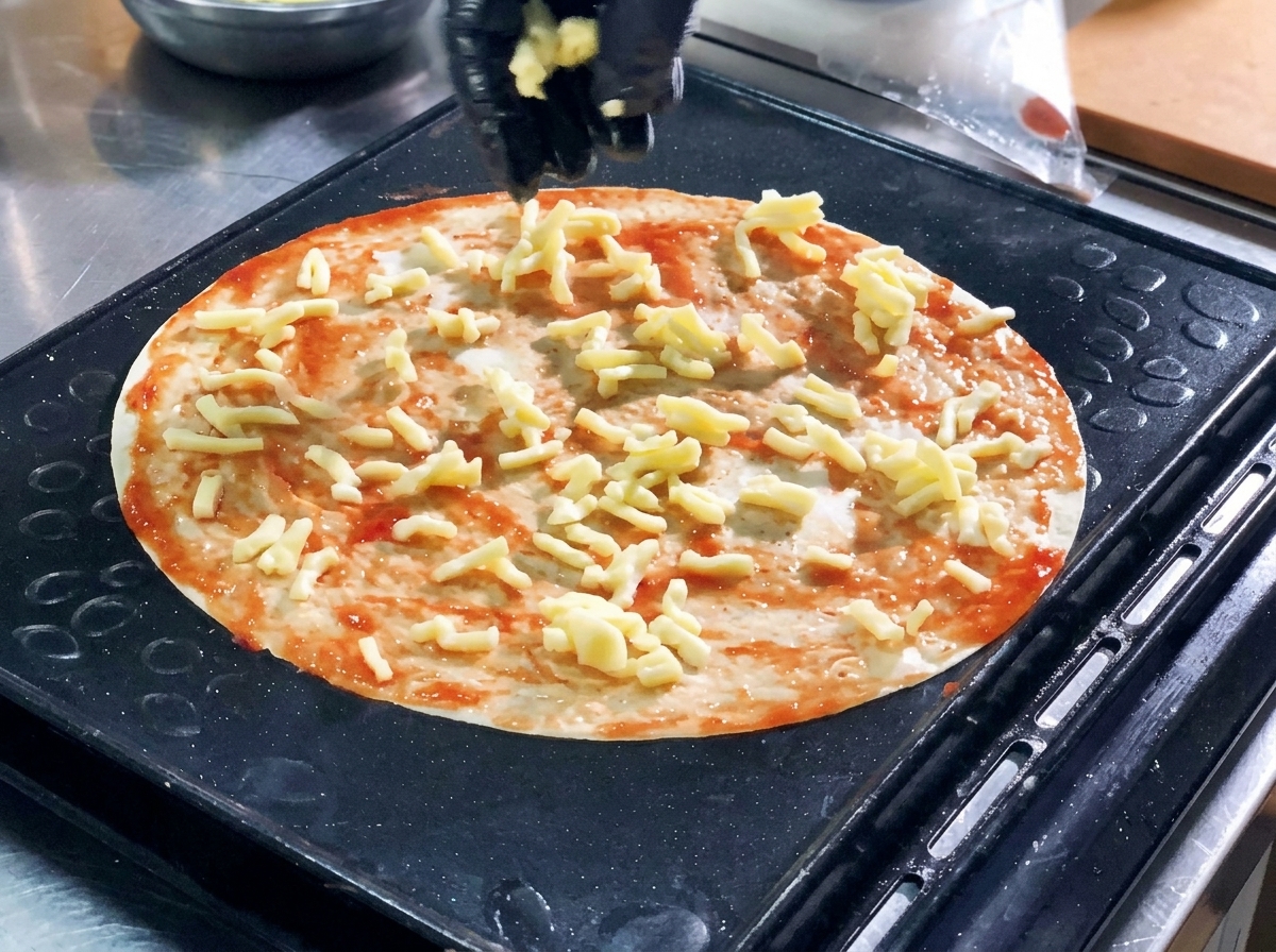 Une main parsemant de la mozzarella blanche râpée sur une base de pizza tortilla recouverte de sauce rouge.
