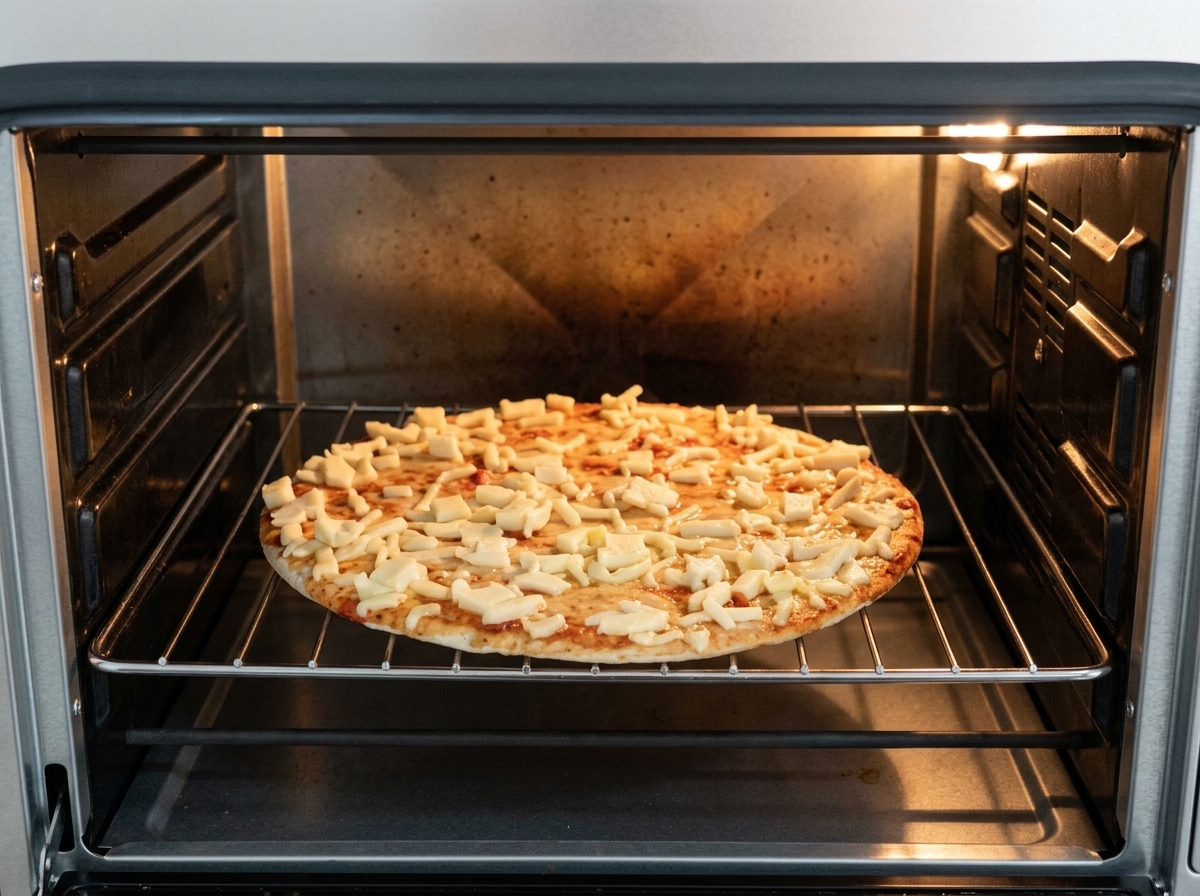 Une pizza fine au fromage fondu en train de cuire sur une grille à lintérieur dun four professionnel chaud.