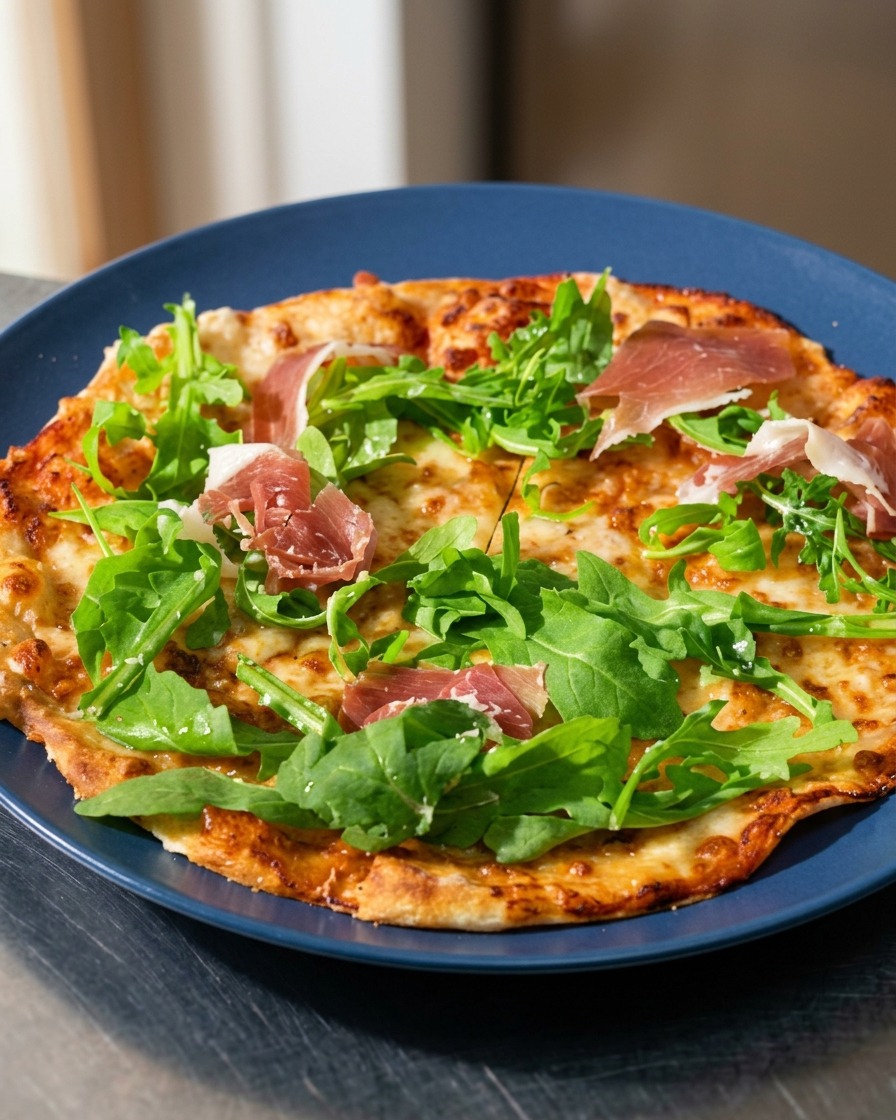 De fines tranches de jambon ibérique séché bien rouge disposées sur de la roquette fraîche sur une pizza tortilla cuite.