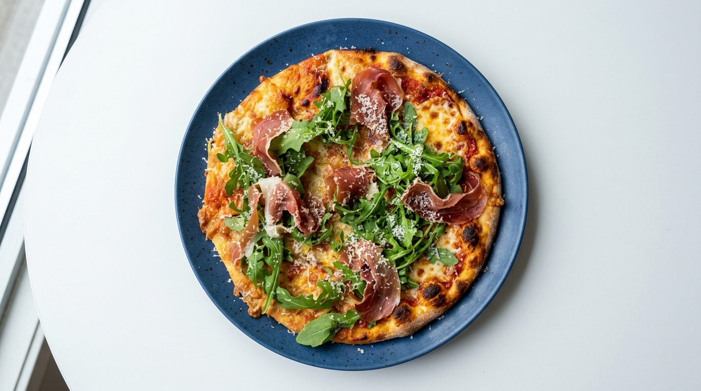 Pizza fine au jambon ibérique et à la roquette