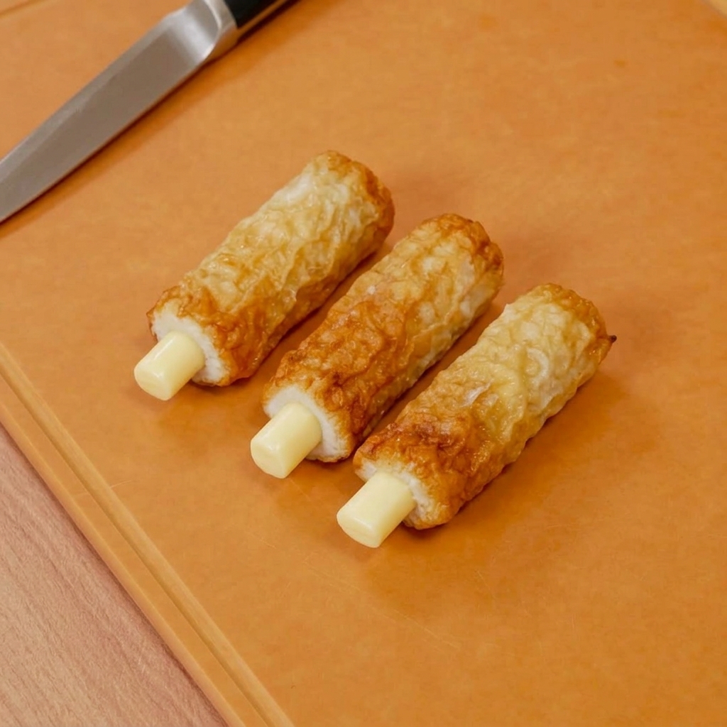 Gâteaux de poisson chikuwa farcis de morceaux de fromage, prêts à être panés.