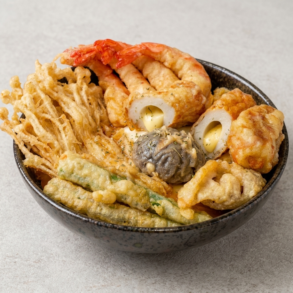 Champignon shiitake et gombo trempés dans la pâte à tempura avec des baguettes.