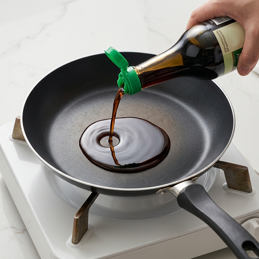 Ingrédients de la sauce mijotant dans une poêle, un liquide sombre à base de soja qui réduit.