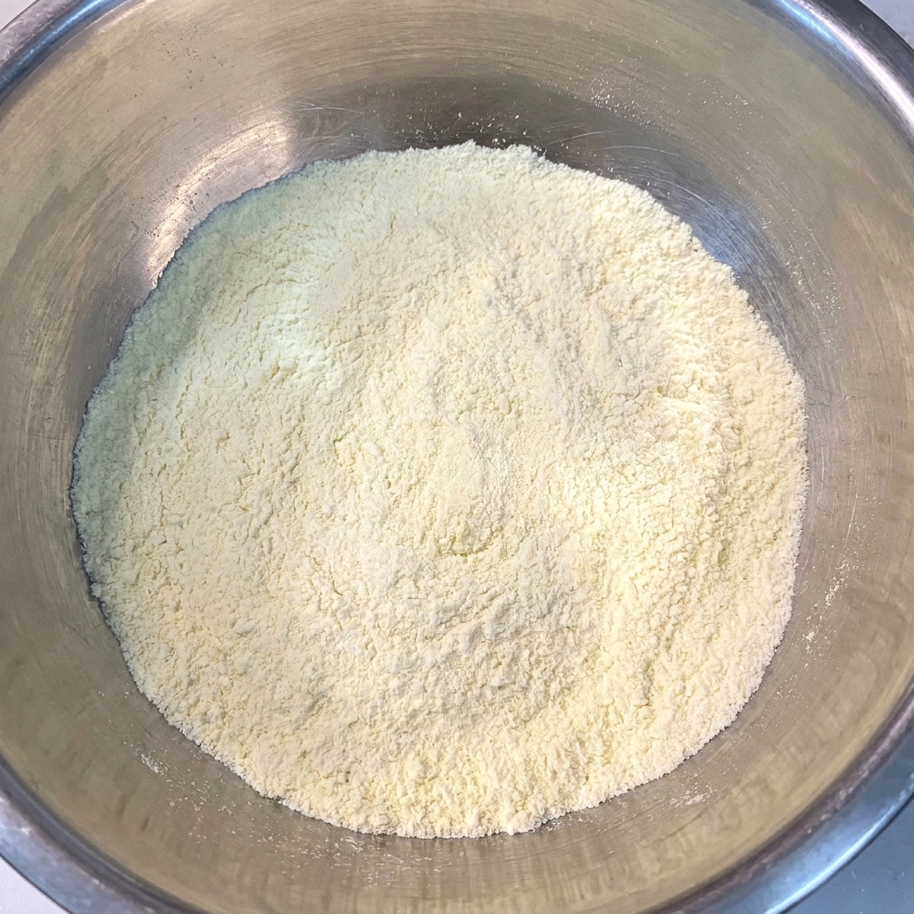 Farine à tempura, eau et glaçons dans un bol en métal, mélangés délicatement.