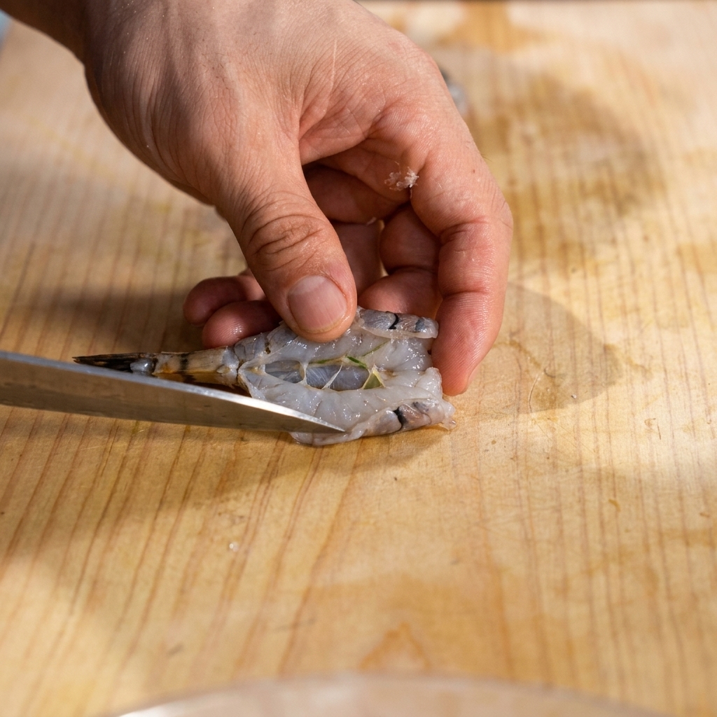 Un couteau faisant de petites incisions régulières sur le ventre des crevettes.